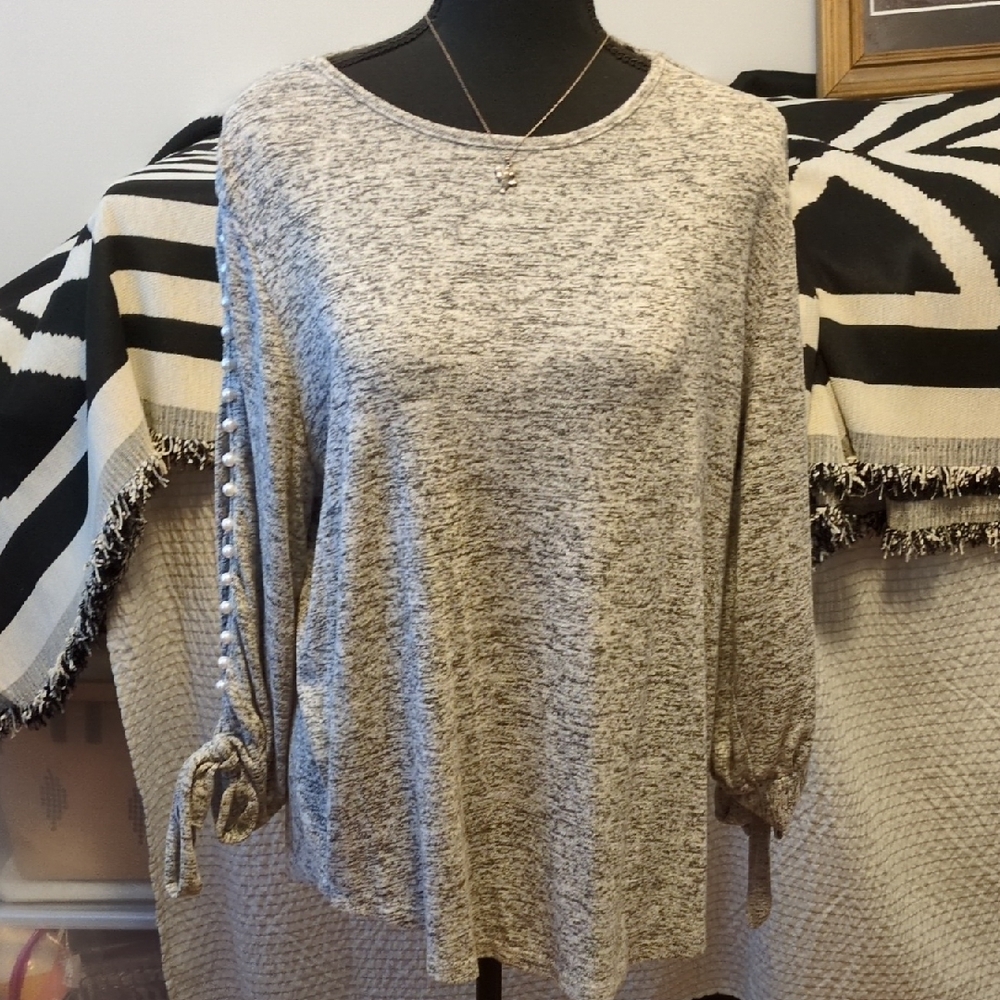 Elegant Gray Long Sleeve Top with Pearl Accents